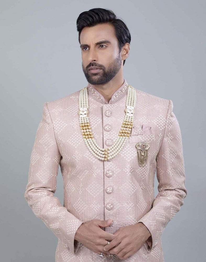 Collection of Light Pink Coloured Jacquard With Sequence Work Sherwani Set in a gallery layout