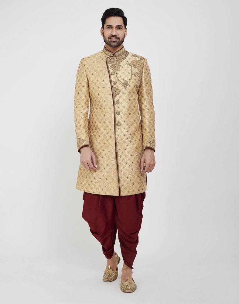 Gold Heavy Embroidery Sherwani With Peshawari Wedding Sherwani