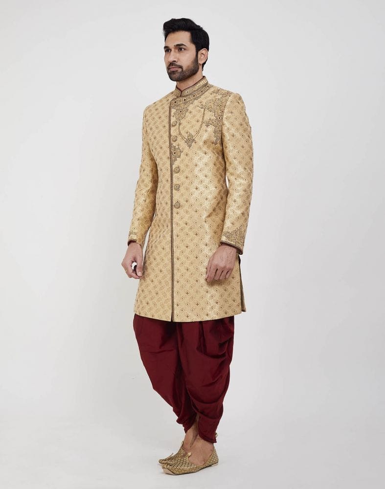 Gold Heavy Embroidery Sherwani With Peshawari Wedding Sherwani