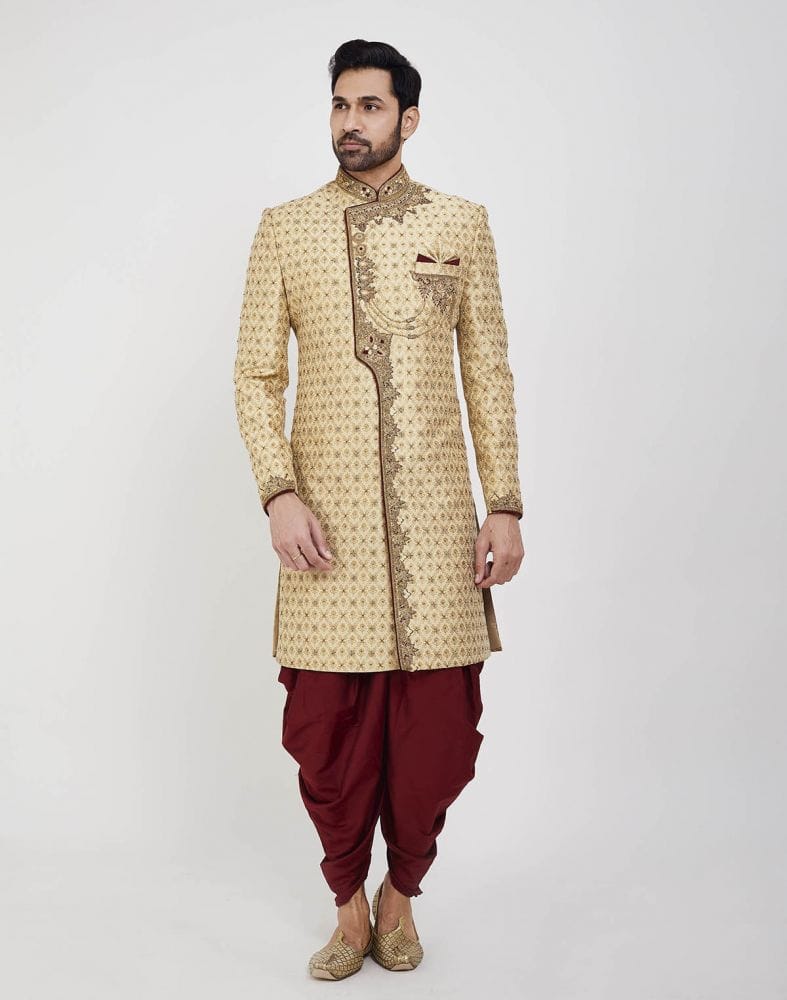 Collection of Gold Embroidery Collar Work Style Wedding Sherwani in a gallery layout