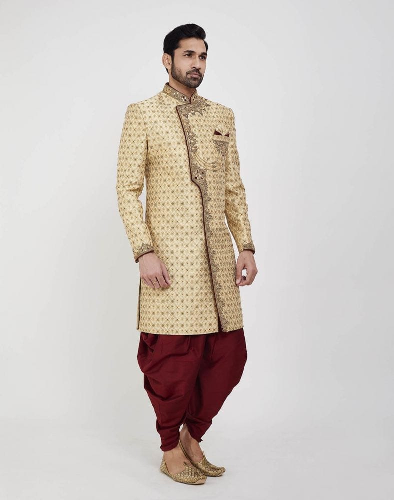 Collection of Gold Embroidery Collar Work Style Wedding Sherwani in a gallery layout