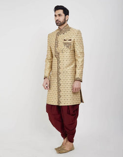 Collection of Gold Embroidery Collar Work Style Wedding Sherwani in a gallery layout