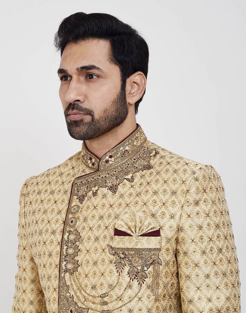 Gold Embroidery Collar Work Style Wedding Sherwani