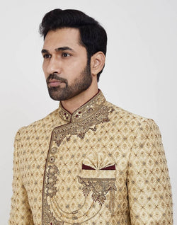 Collection of Gold Embroidery Collar Work Style Wedding Sherwani in a gallery layout