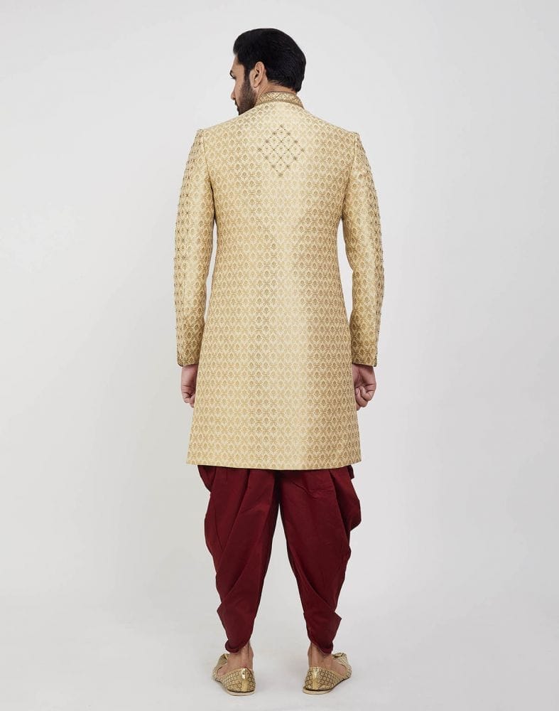 Collection of Gold Embroidery Collar Work Style Wedding Sherwani in a gallery layout