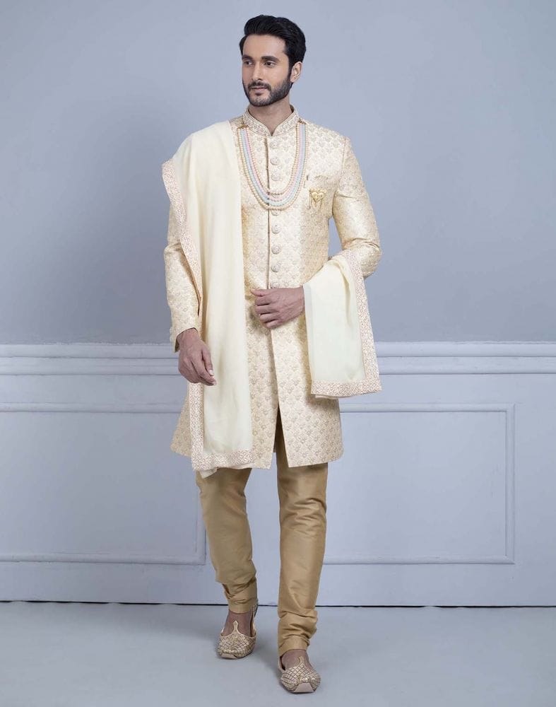 Fawn Art Silk Sherwani With Dupatta