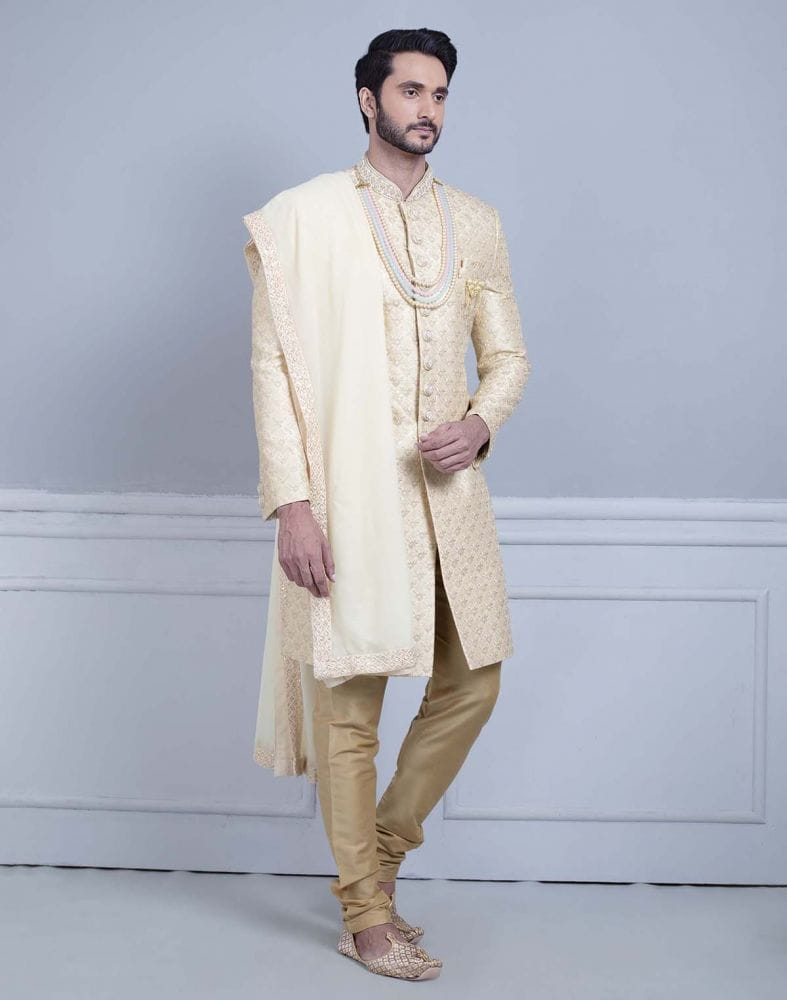 Collection of Fawn Art Silk Sherwani With Dupatta in a gallery layout