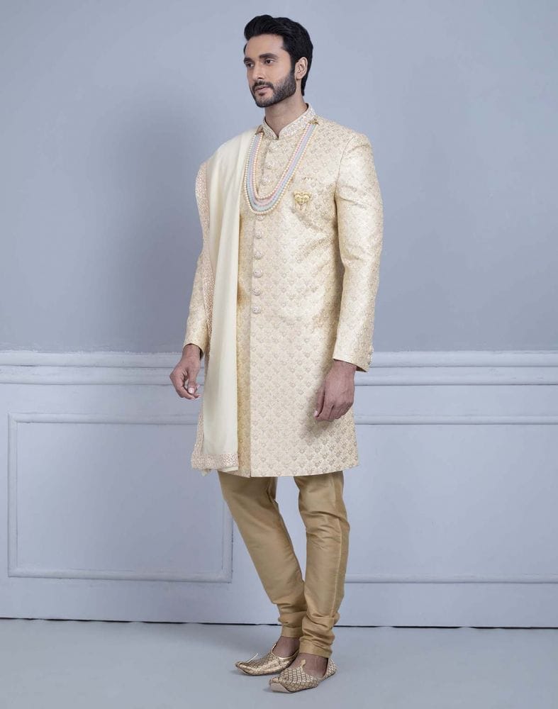 Collection of Fawn Art Silk Sherwani With Dupatta in a gallery layout