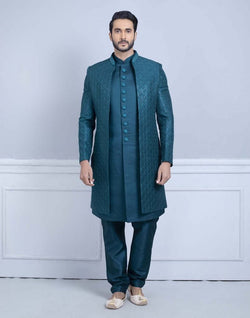 Collection of Rama Green Self Design Raw Silk Indo Open Jacket Set in a gallery layout