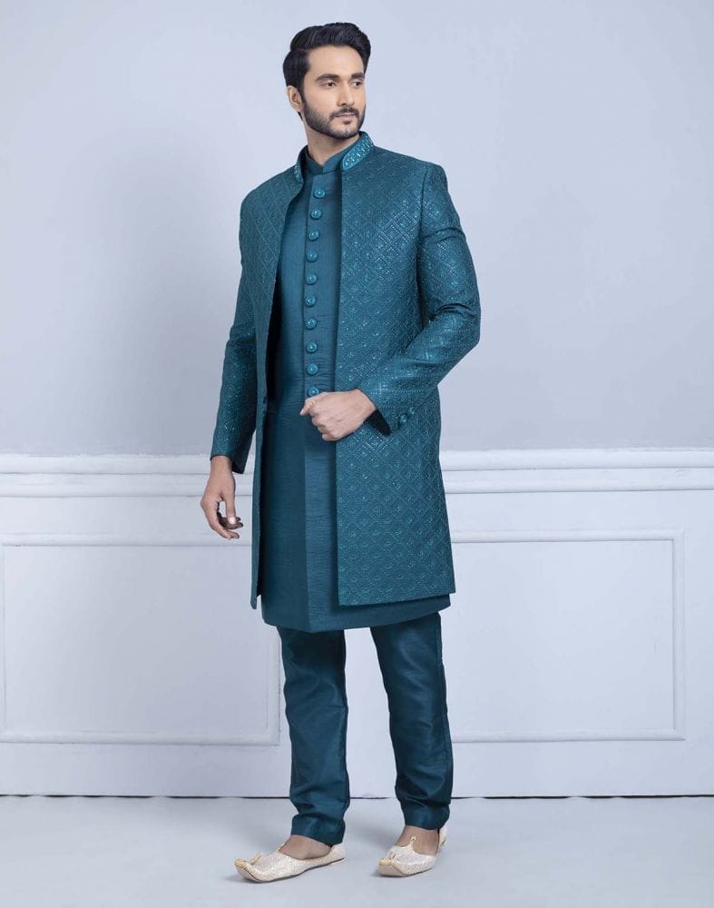 Collection of Rama Green Self Design Raw Silk Indo Open Jacket Set in a gallery layout