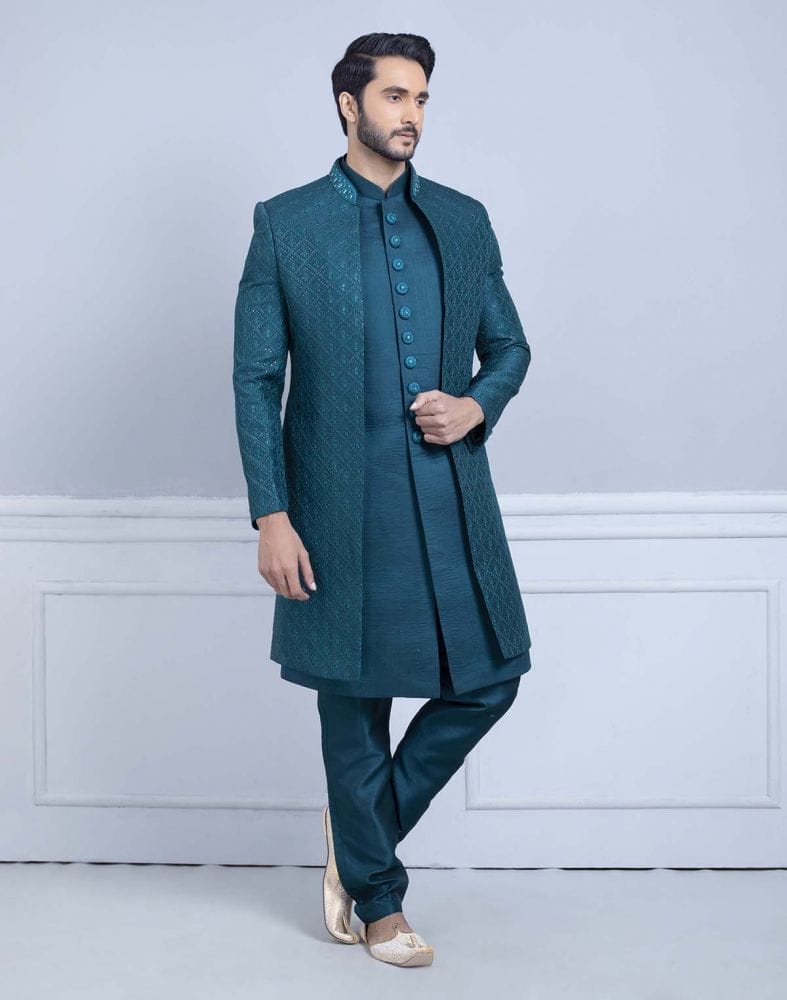 Collection of Rama Green Self Design Raw Silk Indo Open Jacket Set in a gallery layout