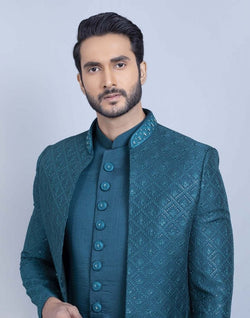 Collection of Rama Green Self Design Raw Silk Indo Open Jacket Set in a gallery layout