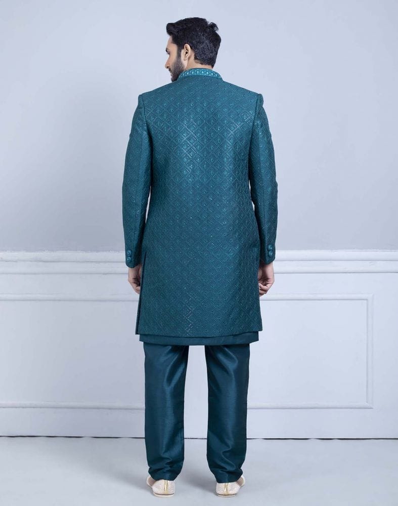 Rama Green Self Design Raw Silk Indo Open Jacket Set