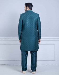 Collection of Rama Green Self Design Raw Silk Indo Open Jacket Set in a gallery layout