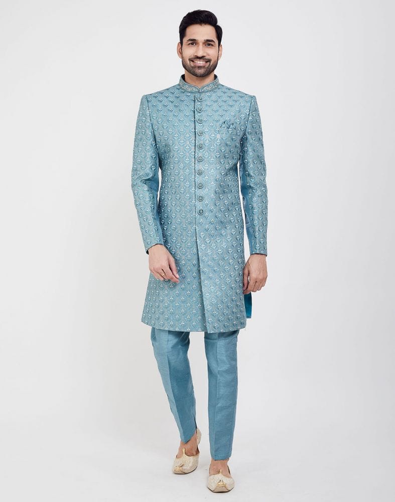 Jacquard Grey Coloured Floral Indo-Western Set