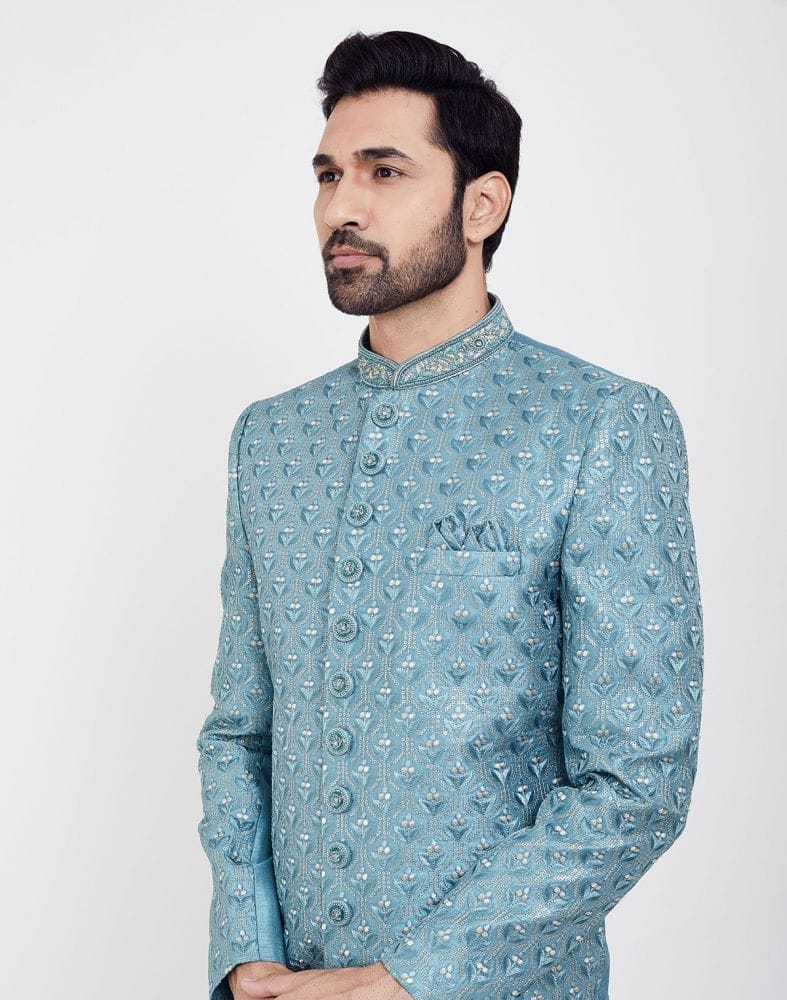 Jacquard Grey Coloured Floral Indo-Western Set