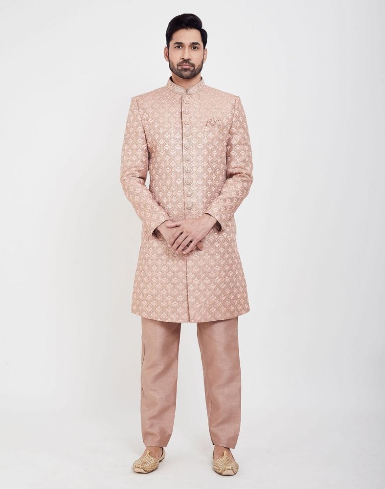 Collection of Peach Colour Jacquard Thread And Sequence Work Indo Western Sherwani Set in a gallery layout