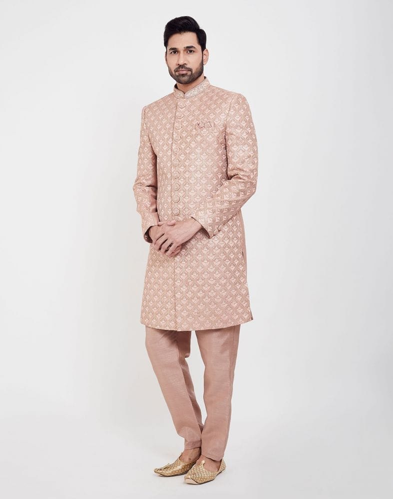 Collection of Peach Colour Jacquard Thread And Sequence Work Indo Western Sherwani Set in a gallery layout