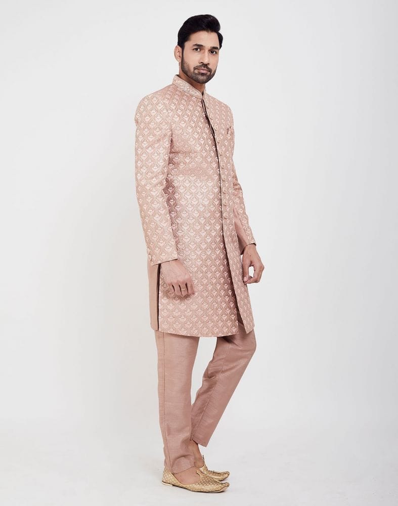 Peach Colour Jacquard Thread And Sequence Work Indo Western Sherwani Set