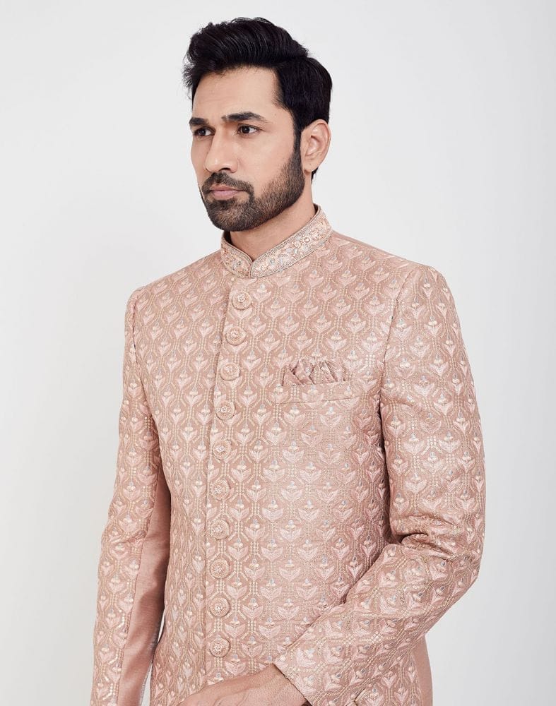 Collection of Peach Colour Jacquard Thread And Sequence Work Indo Western Sherwani Set in a gallery layout