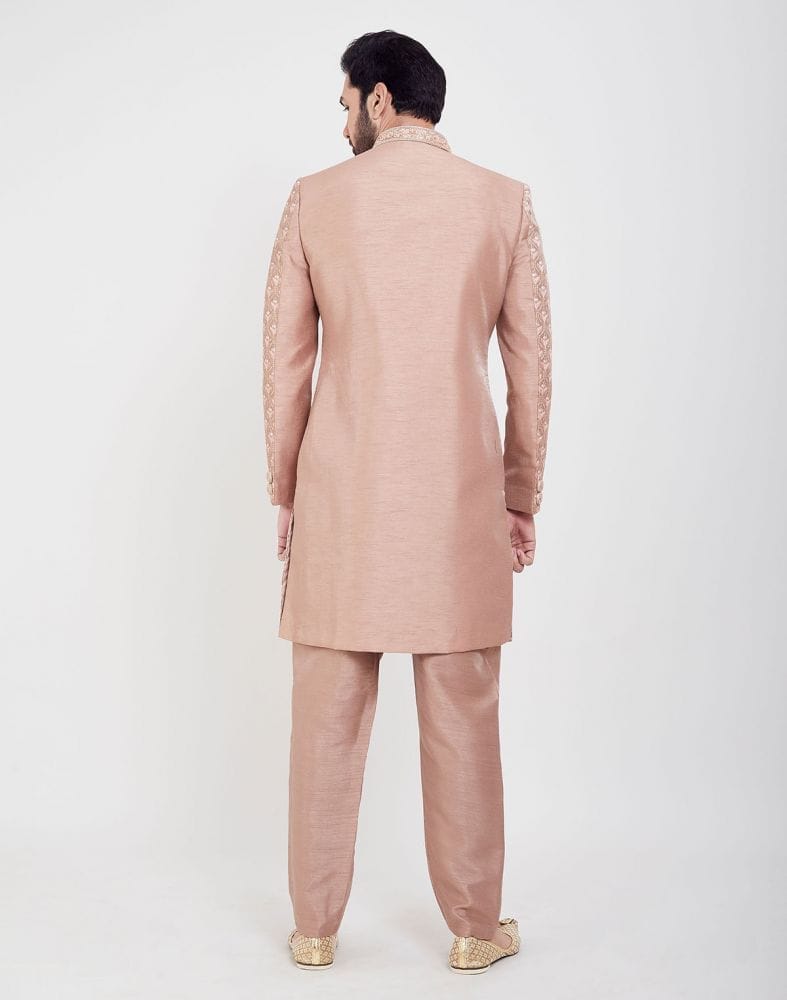 Peach Colour Jacquard Thread And Sequence Work Indo Western Sherwani Set