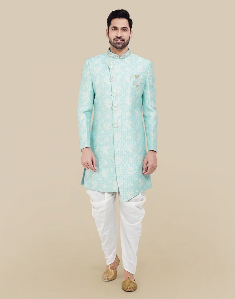 Sky Blue Self all over Brocade Indo Western Sherwani Set