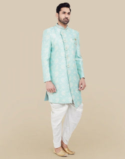 Collection of Sky Blue Self all over Brocade Indo Western Sherwani Set in a gallery layout