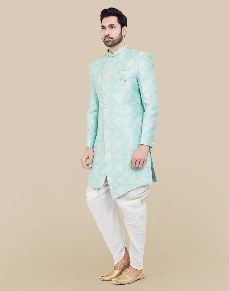 Collection of Sky Blue Self all over Brocade Indo Western Sherwani Set in a gallery layout