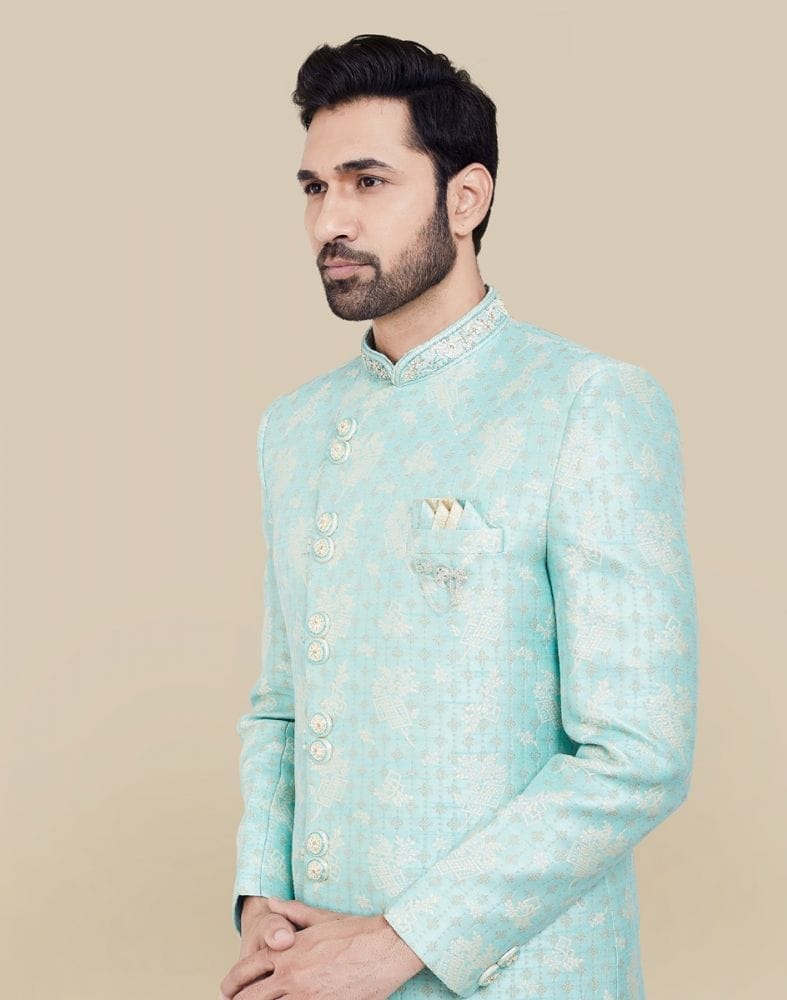 Collection of Sky Blue Self all over Brocade Indo Western Sherwani Set in a gallery layout