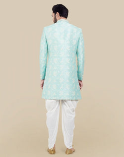 Collection of Sky Blue Self all over Brocade Indo Western Sherwani Set in a gallery layout