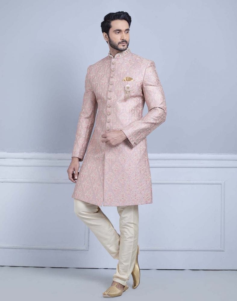 Collection of Light Pink Premium Embroidery Work Sherwani For Wedding in a gallery layout