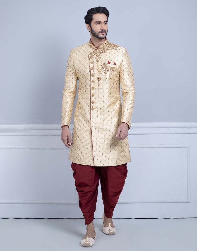 Gold Comfortable and Luxurious Detailing Traditional Sherwani