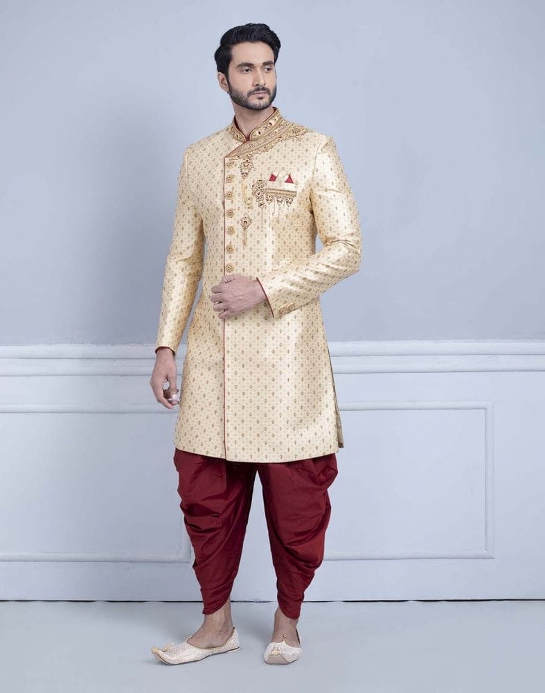 Collection of Gold Comfortable and Luxurious Detailing Traditional Sherwani in a gallery layout