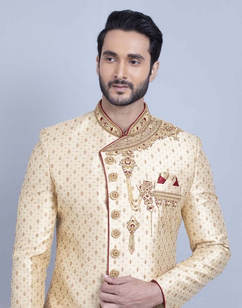 Collection of Gold Comfortable and Luxurious Detailing Traditional Sherwani in a gallery layout