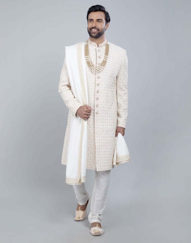 Cream All Over Heavy Work Sherwani with Dupatta