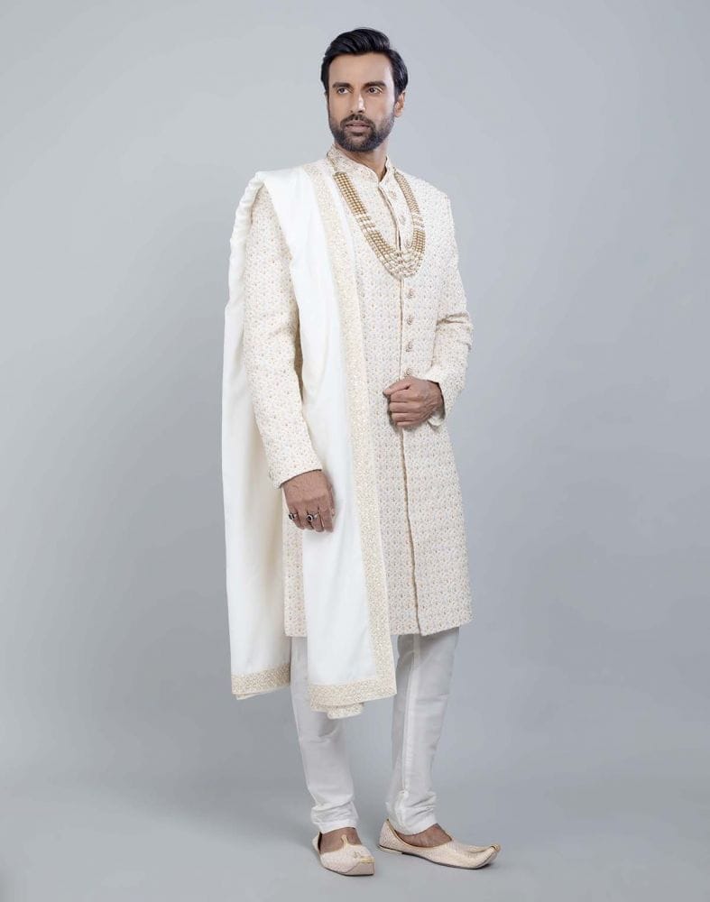 Cream All Over Heavy Work Sherwani with Dupatta