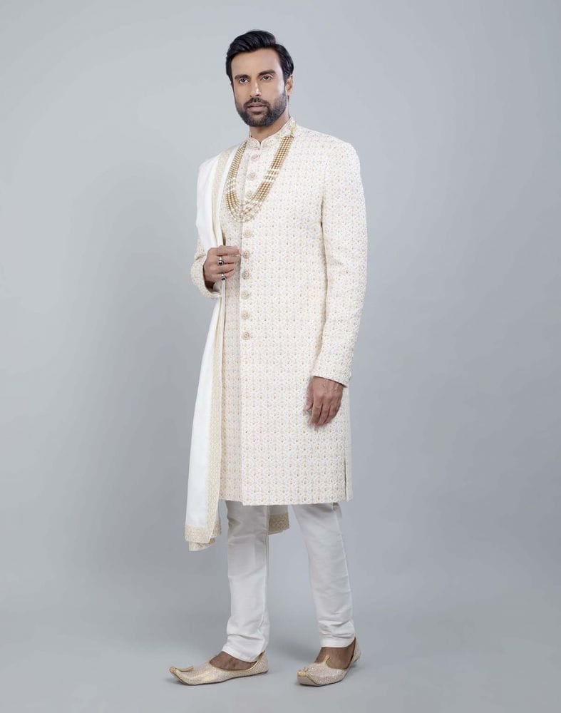 Collection of Cream All Over Heavy Work Sherwani with Dupatta in a gallery layout