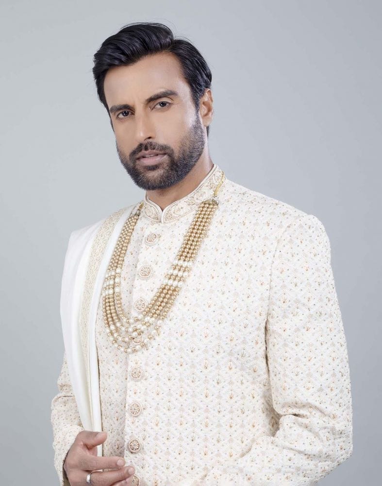 Cream All Over Heavy Work Sherwani with Dupatta