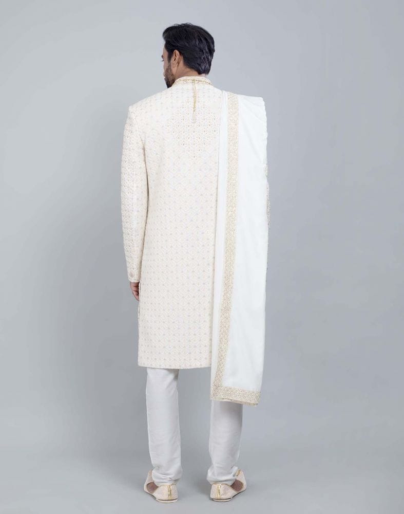 Cream All Over Heavy Work Sherwani with Dupatta