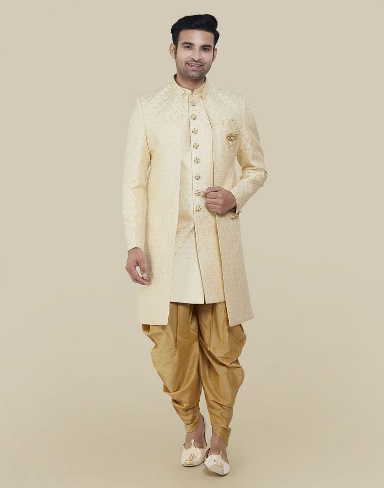 Collection of Cream Coloured Self Brocade Indo Open Jacket in a gallery layout