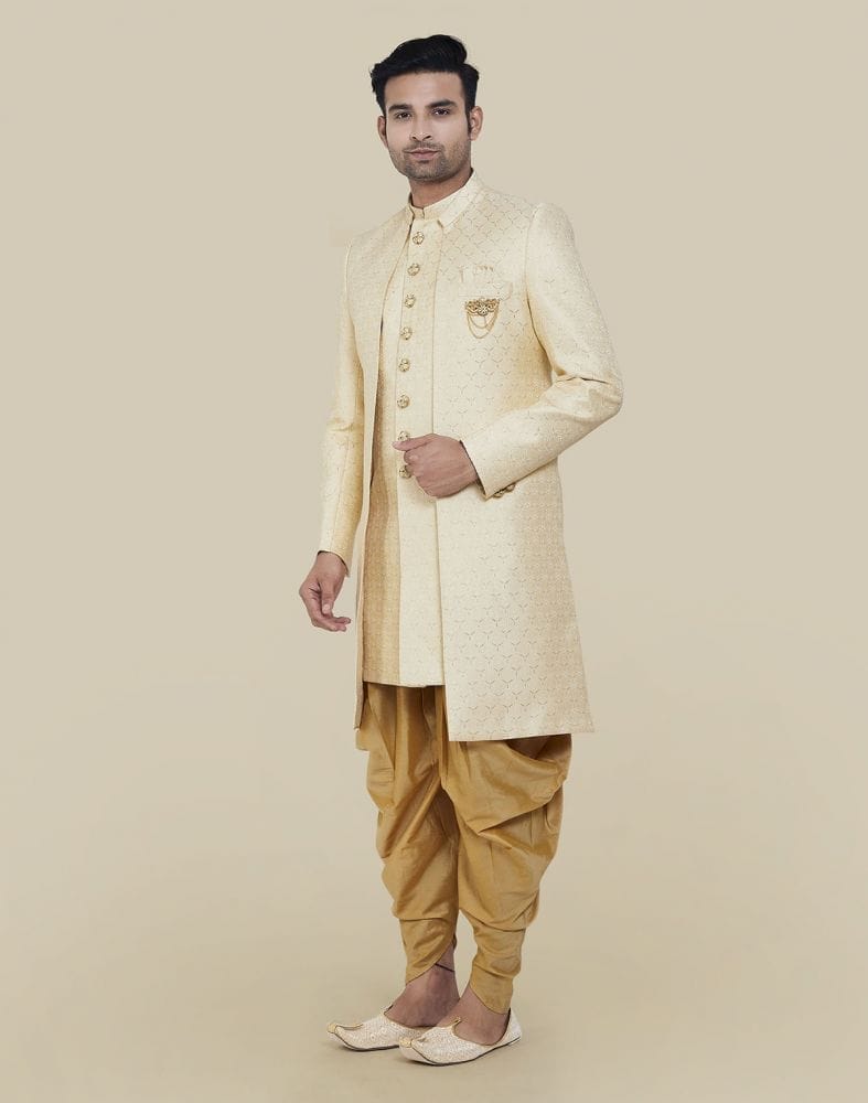 Collection of Cream Coloured Self Brocade Indo Open Jacket in a gallery layout