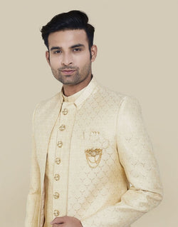 Collection of Cream Coloured Self Brocade Indo Open Jacket in a gallery layout