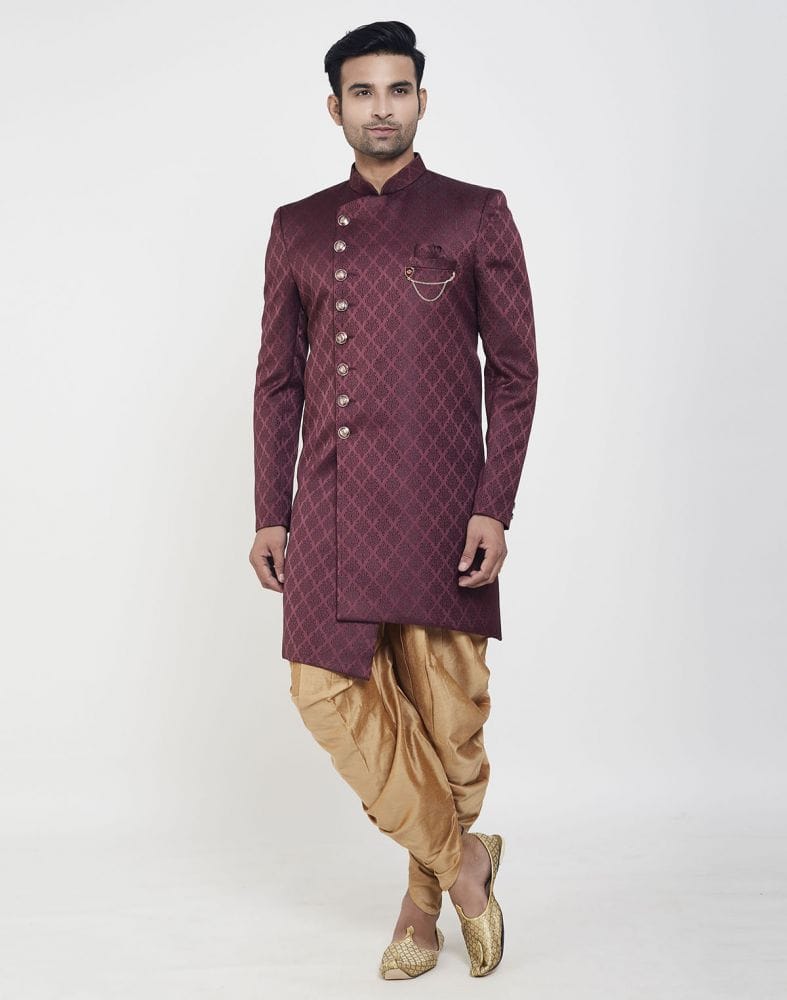 Dark Wine all over Brocade Design Indo Western Sherwani Set