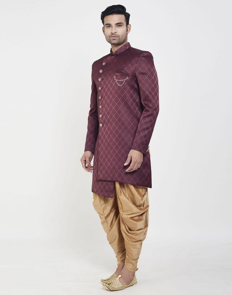 Collection of Dark Wine all over Brocade Design Indo Western Sherwani Set in a gallery layout