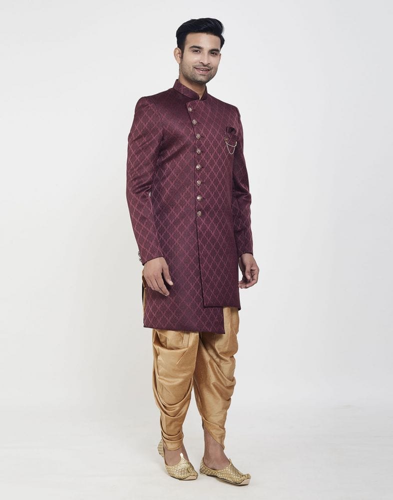 Collection of Dark Wine all over Brocade Design Indo Western Sherwani Set in a gallery layout