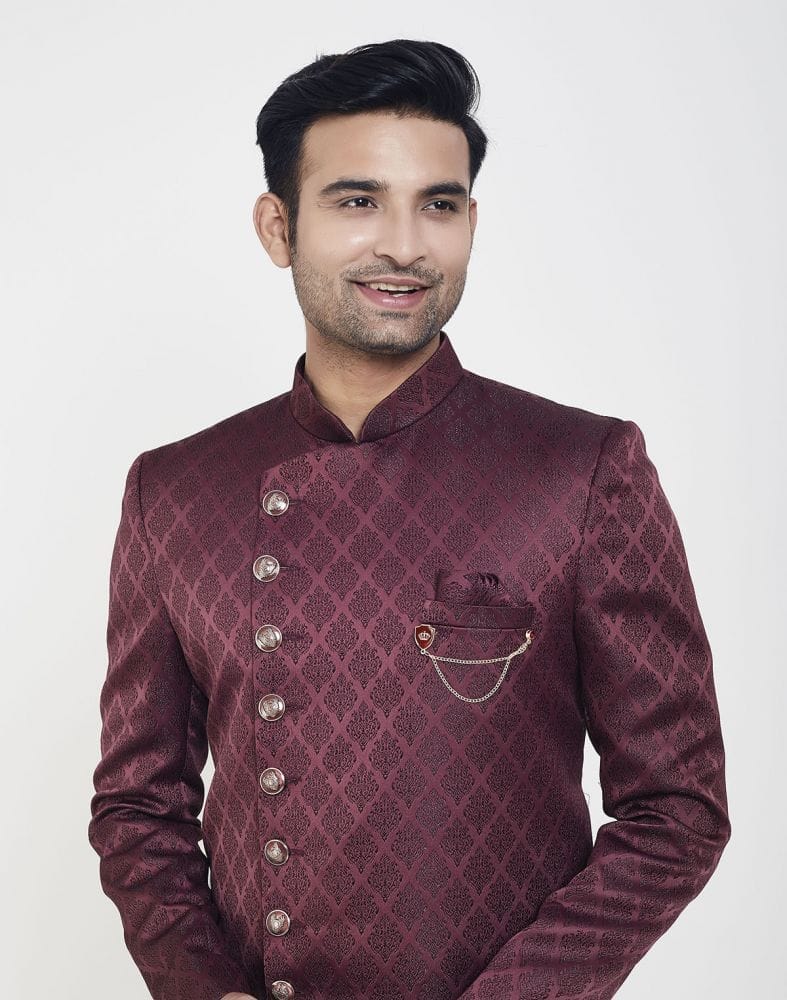 Collection of Dark Wine all over Brocade Design Indo Western Sherwani Set in a gallery layout