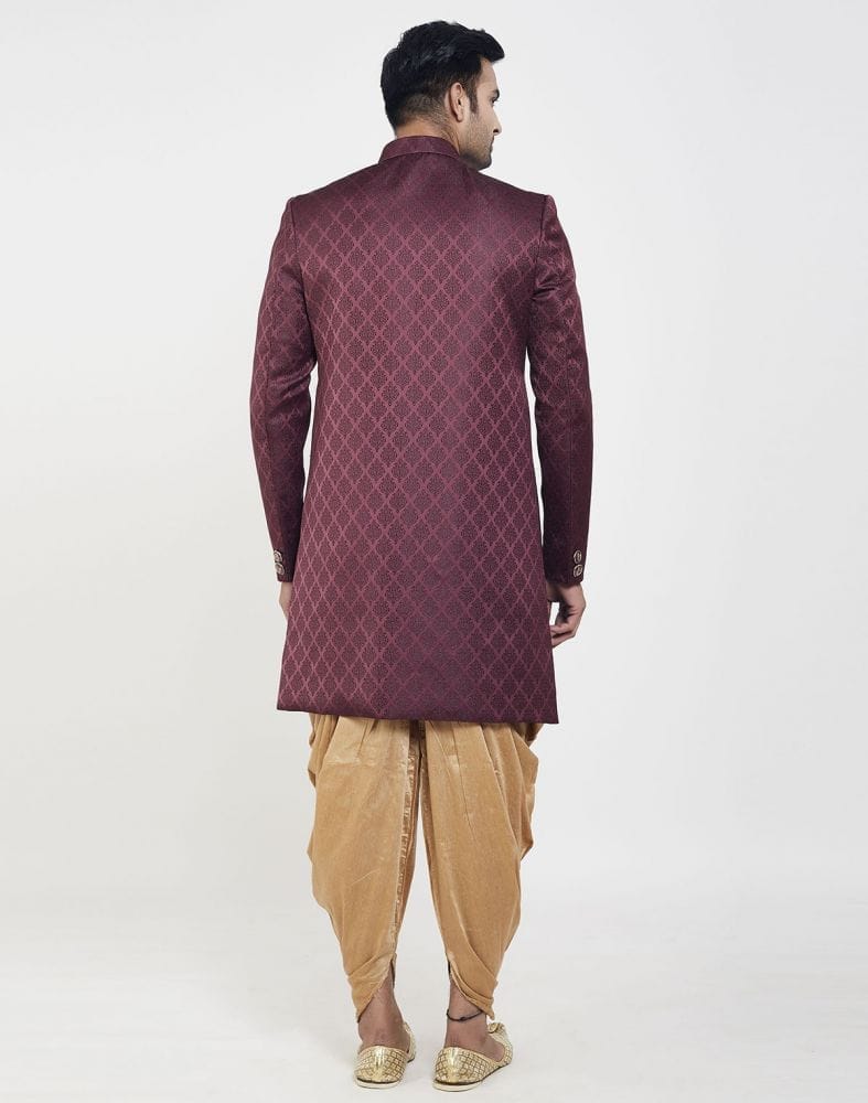 Collection of Dark Wine all over Brocade Design Indo Western Sherwani Set in a gallery layout