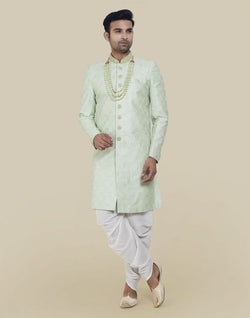 Collection of Pista Green Thread And Sequence Work Indo Western Sherwani Set in a gallery layout