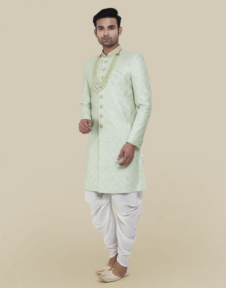 Collection of Pista Green Thread And Sequence Work Indo Western Sherwani Set in a gallery layout