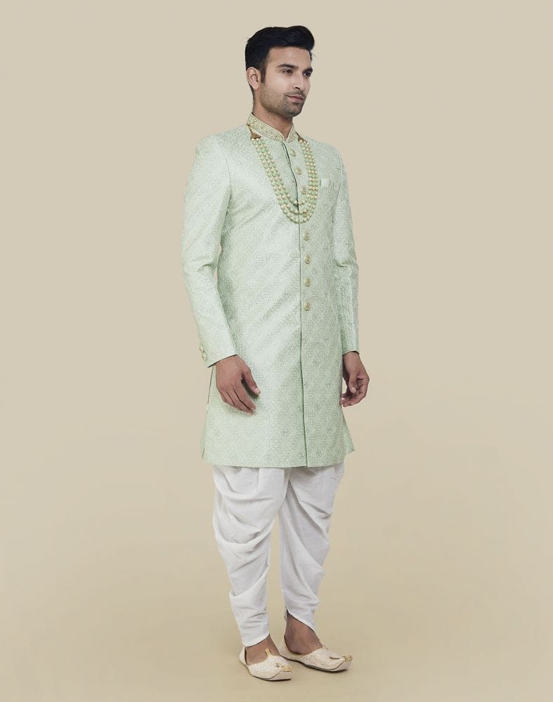 Pista Green Thread And Sequence Work Indo Western Sherwani Set